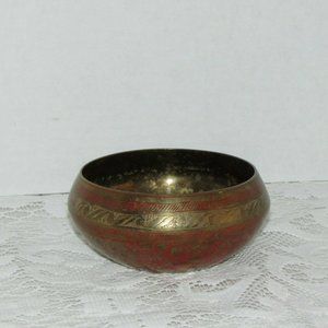Vintage Etched Brass Low Vase Boho Planter Red Black Enamel 4" Decorative